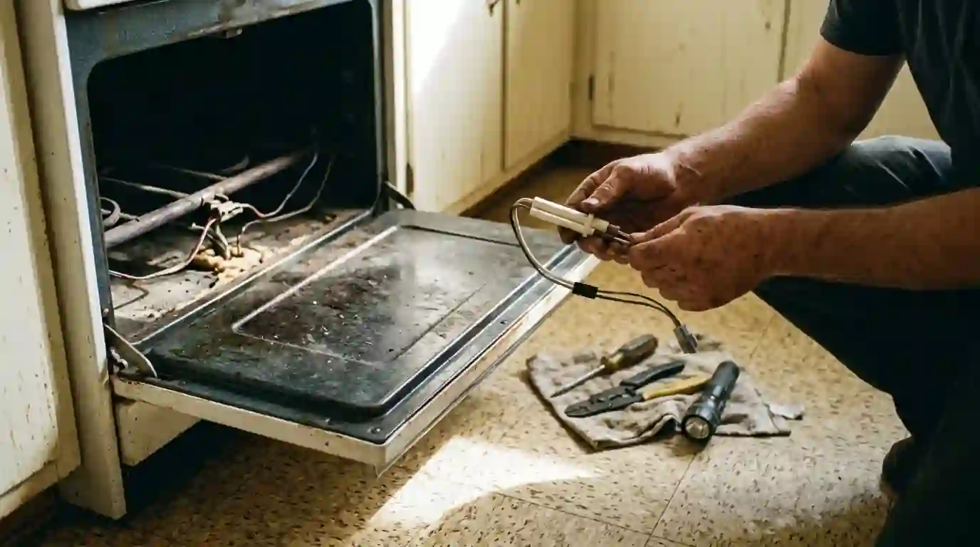 Technician fitting a new igniter in a gas oven