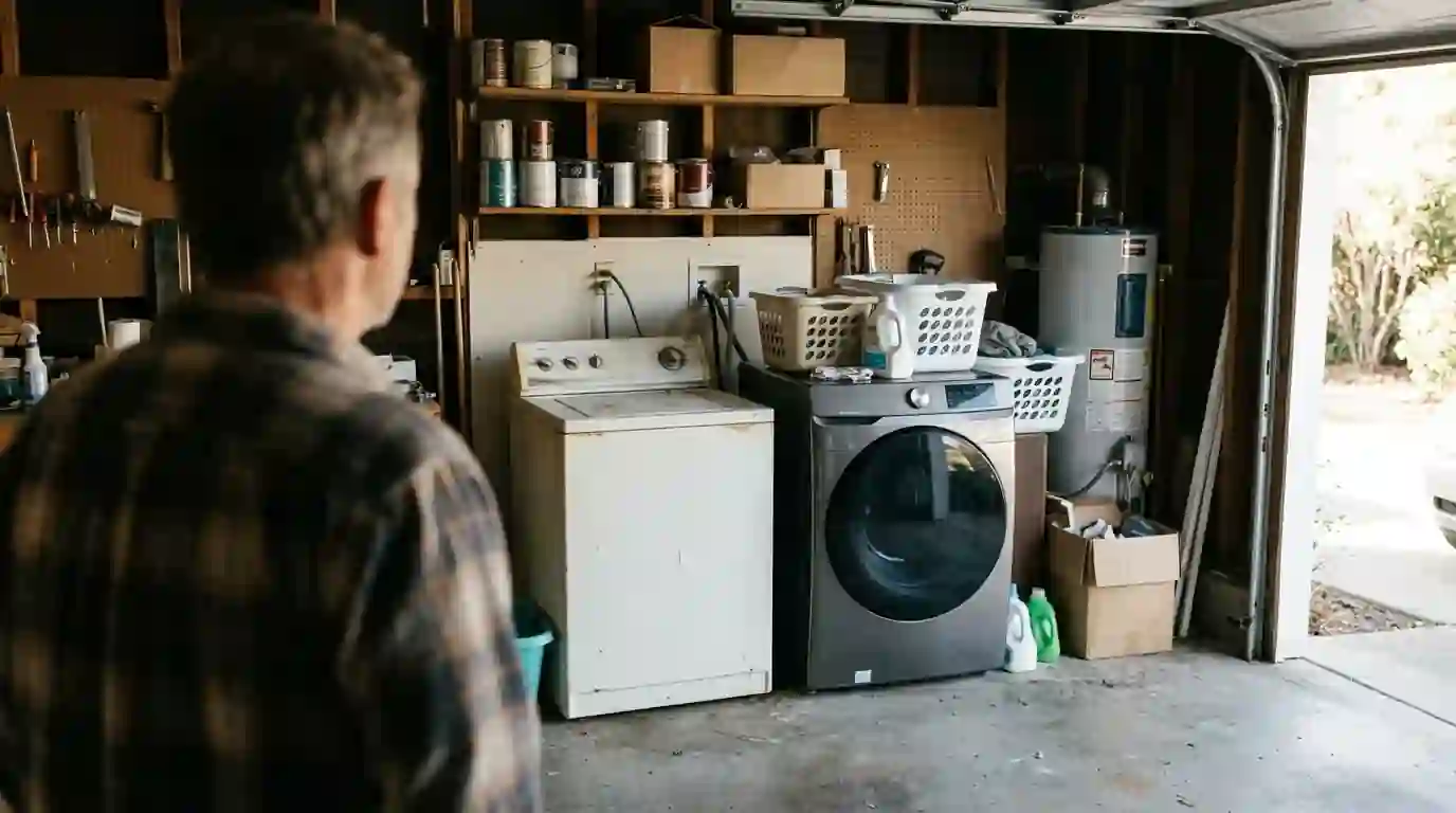 Older top-load washer beside a newer front-load washer in garage