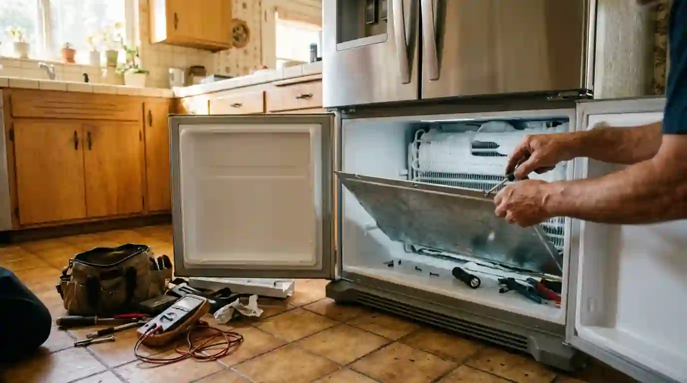 Technician removing freezer panel to check frosted evaporator coil