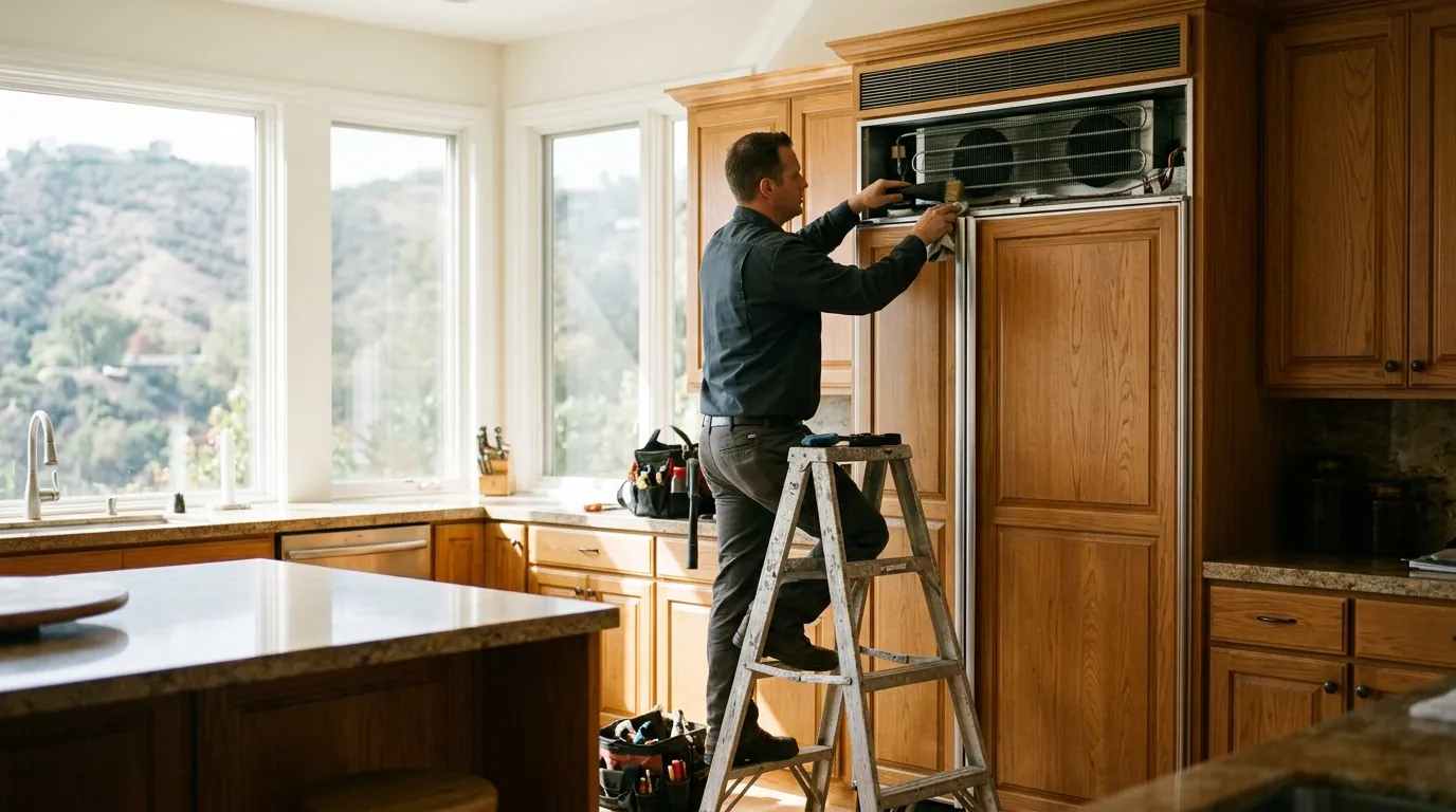 Built-in refrigerator condenser service in a Studio City hillside kitchen