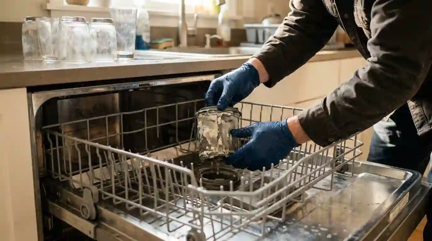 Technician removing a scaled filter from a dishwasher tub
