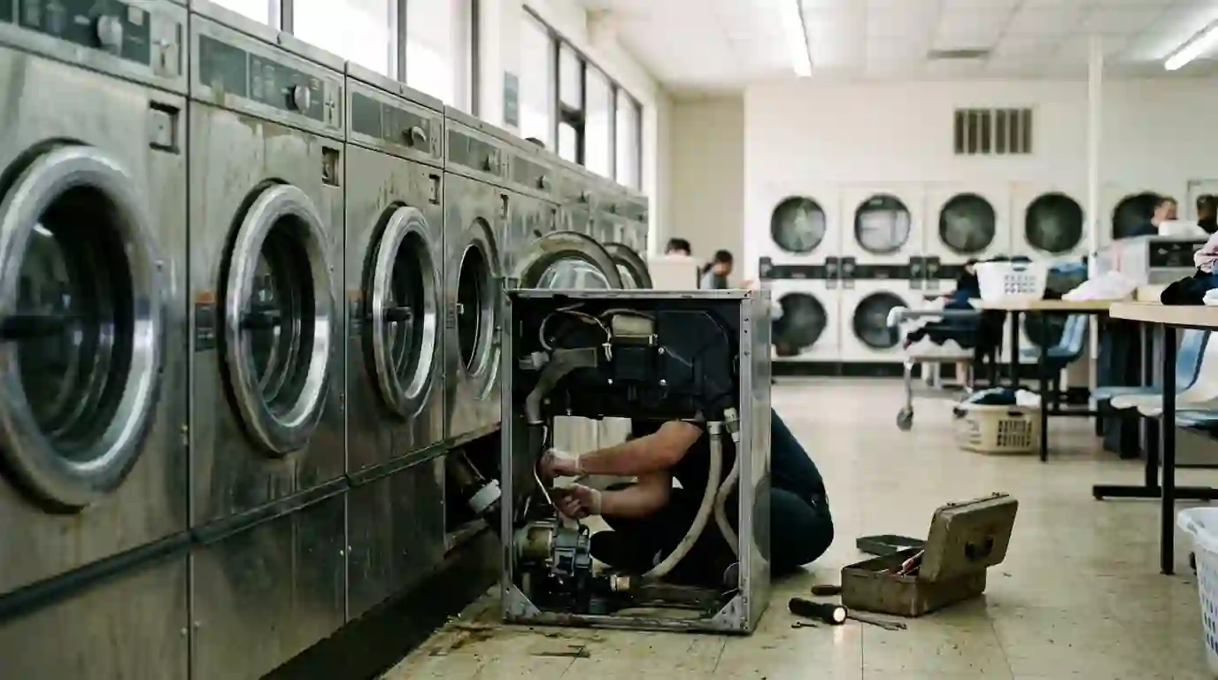 Technician repairing a washer in a laundromat