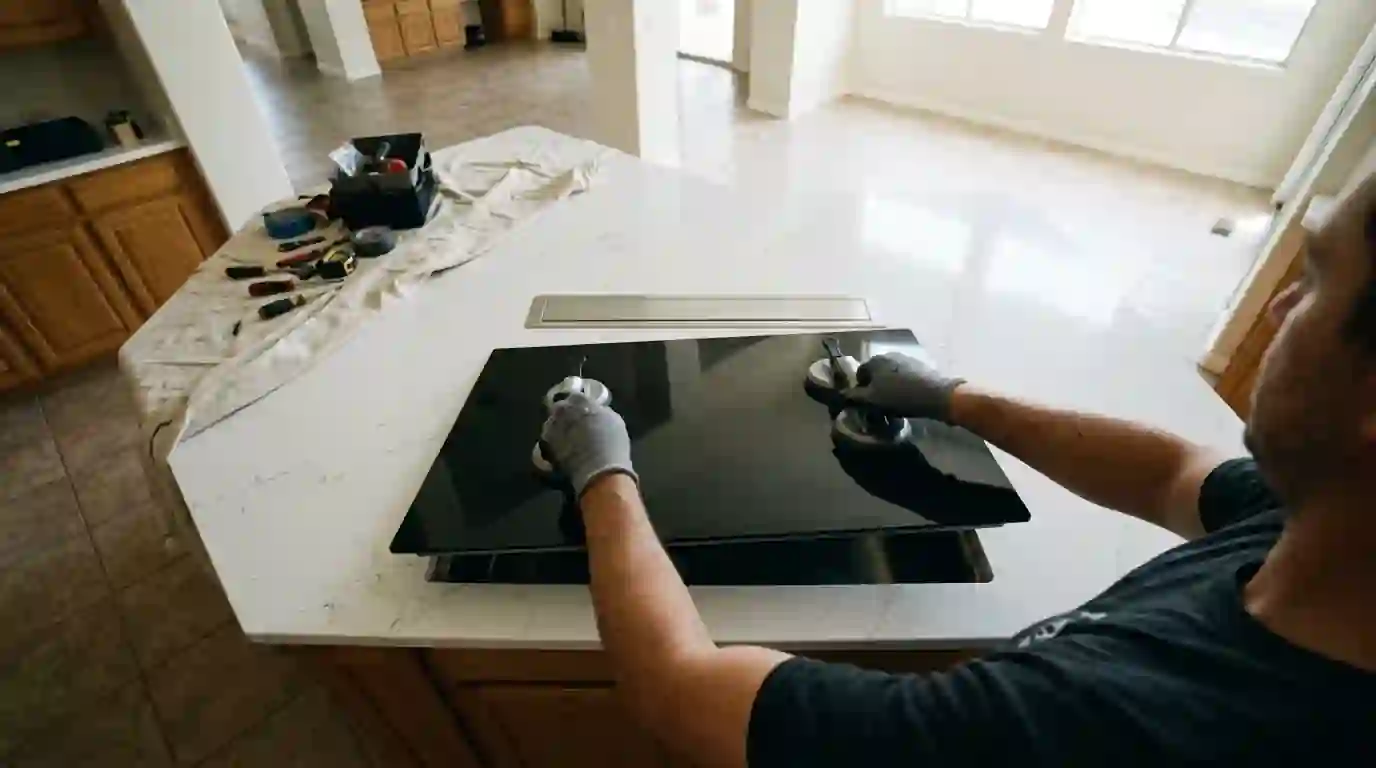 Technician lifting an induction cooktop out of a kitchen island