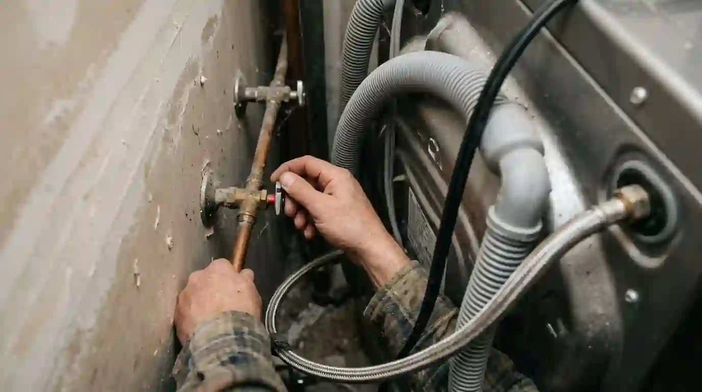 Hand closing the water valve behind a leaking washer