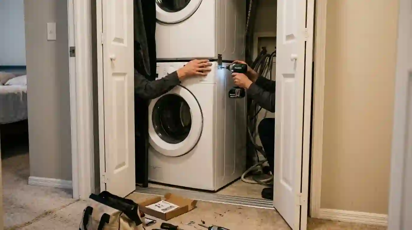 Technician tightening the stacking kit on a stacked washer and dryer