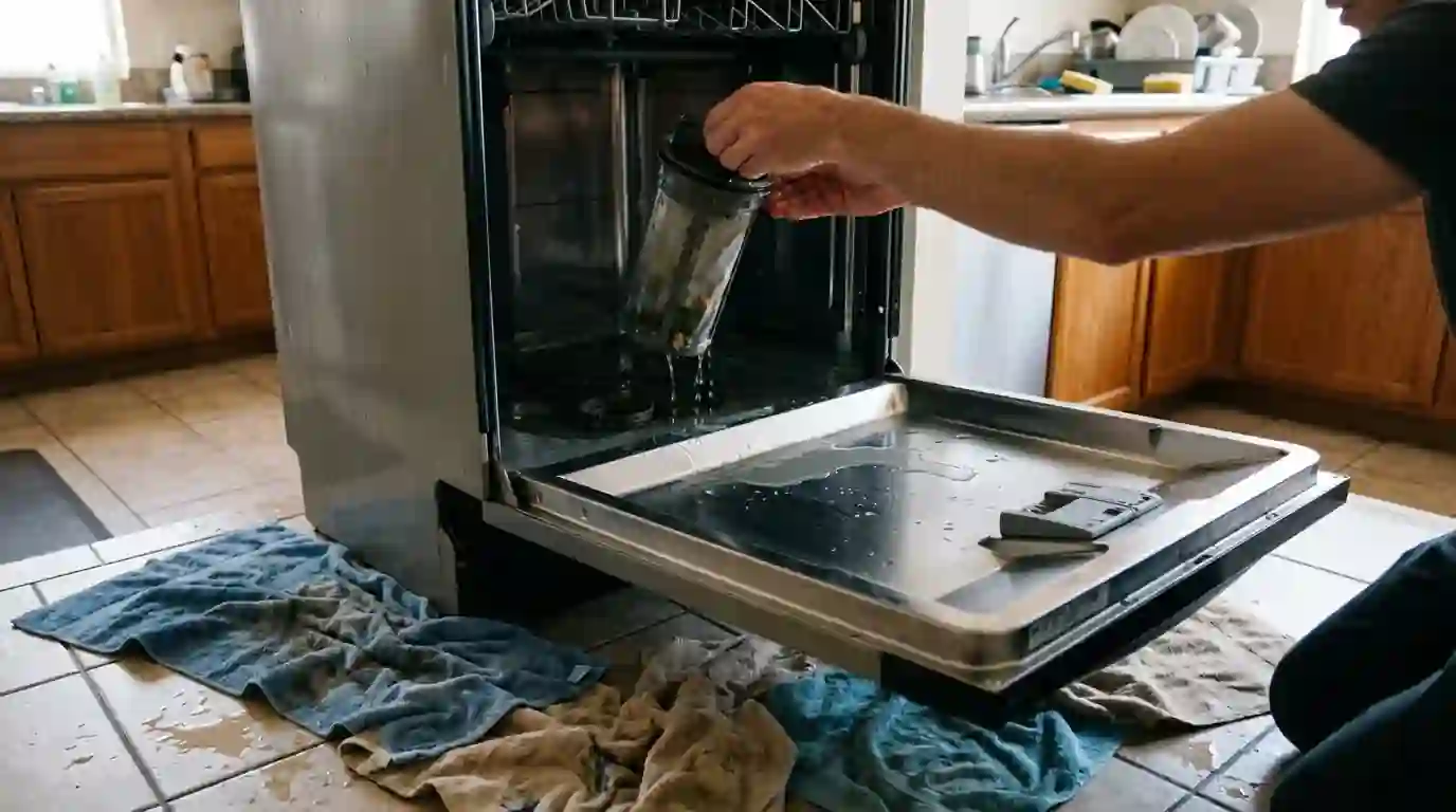 Hands removing a clogged filter from a dishwasher with standing water