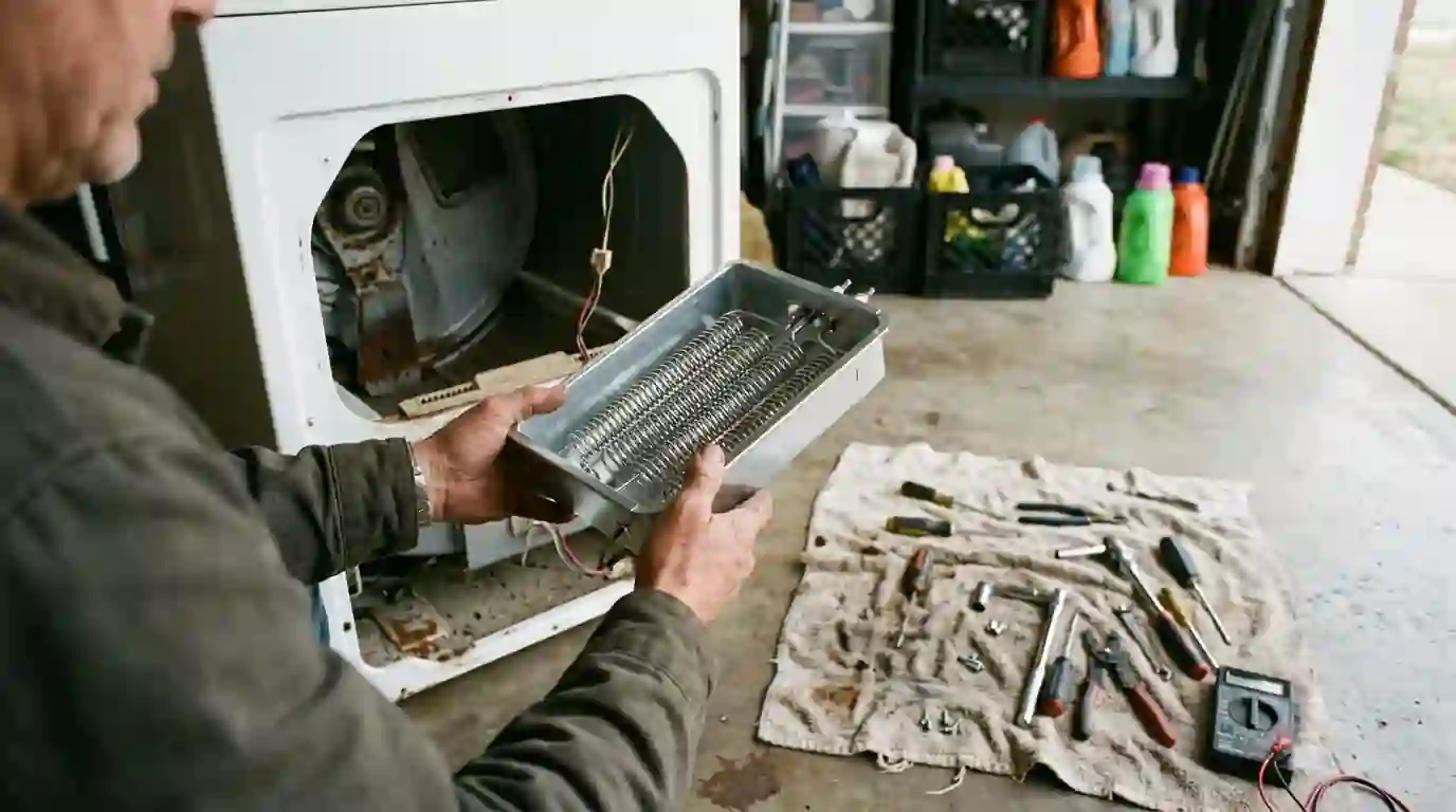 Technician holding a replacement dryer heating element in a garage