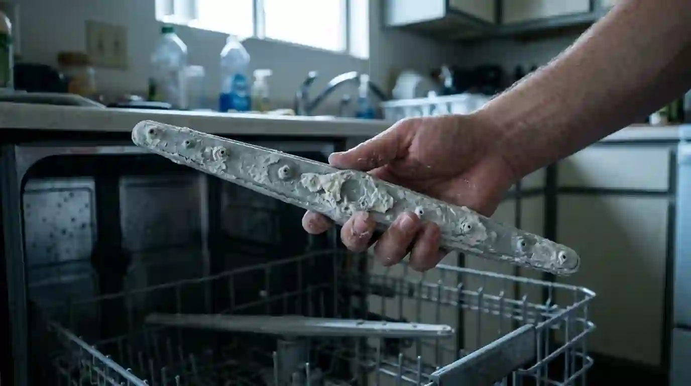 Dishwasher spray arm coated with white hard water scale