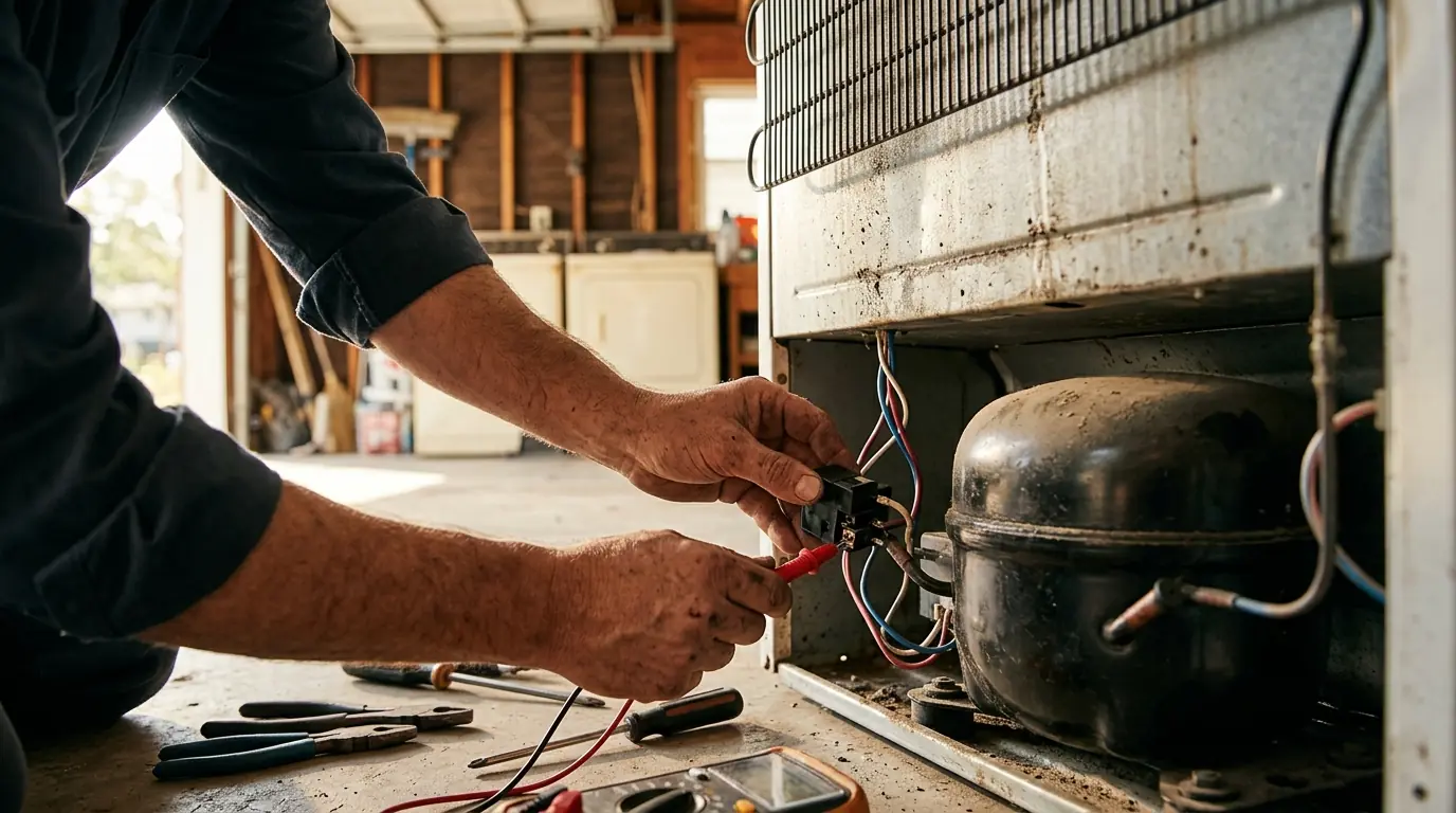 Technician testing a garage refrigerator relay in a Sun Valley home