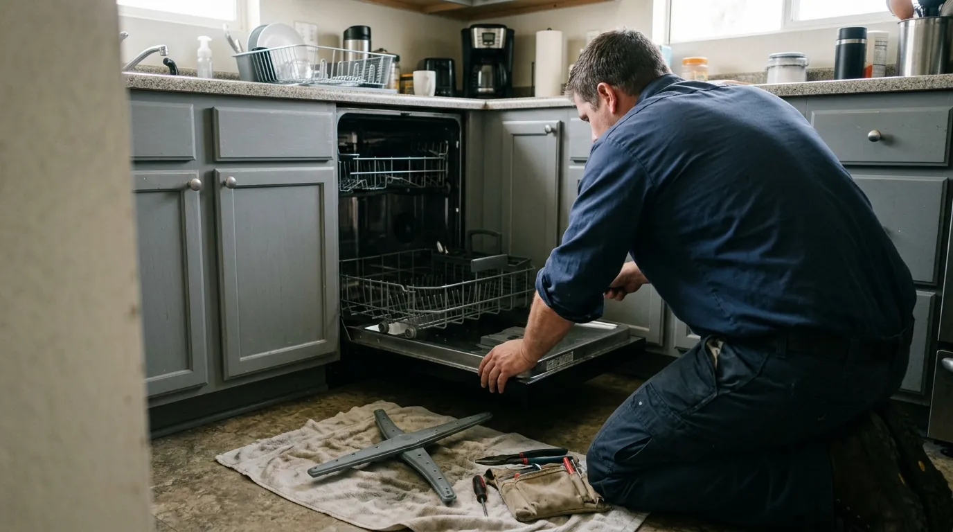 Dishwasher being repaired in a Glendale apartment kitchen