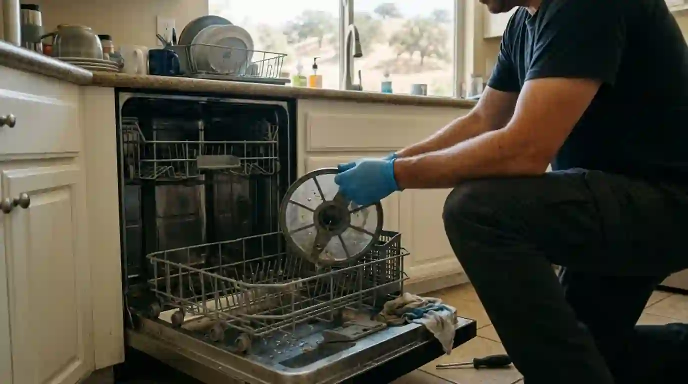 Dishwasher filter removed during a Thousand Oaks kitchen repair