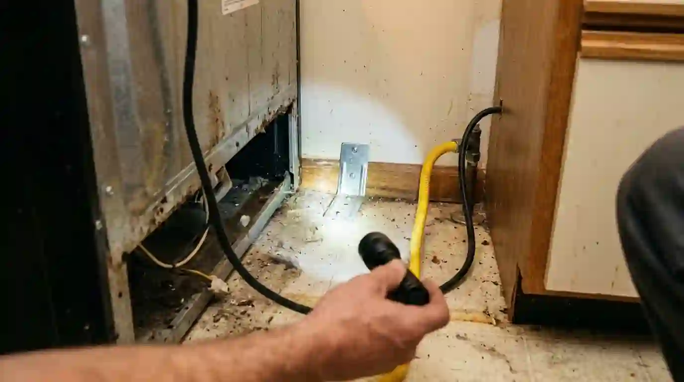 Anti-tip bracket on the floor behind a pulled-out kitchen range