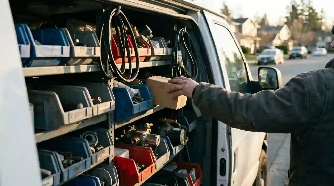 Service van parts bins stocked for first-visit repairs