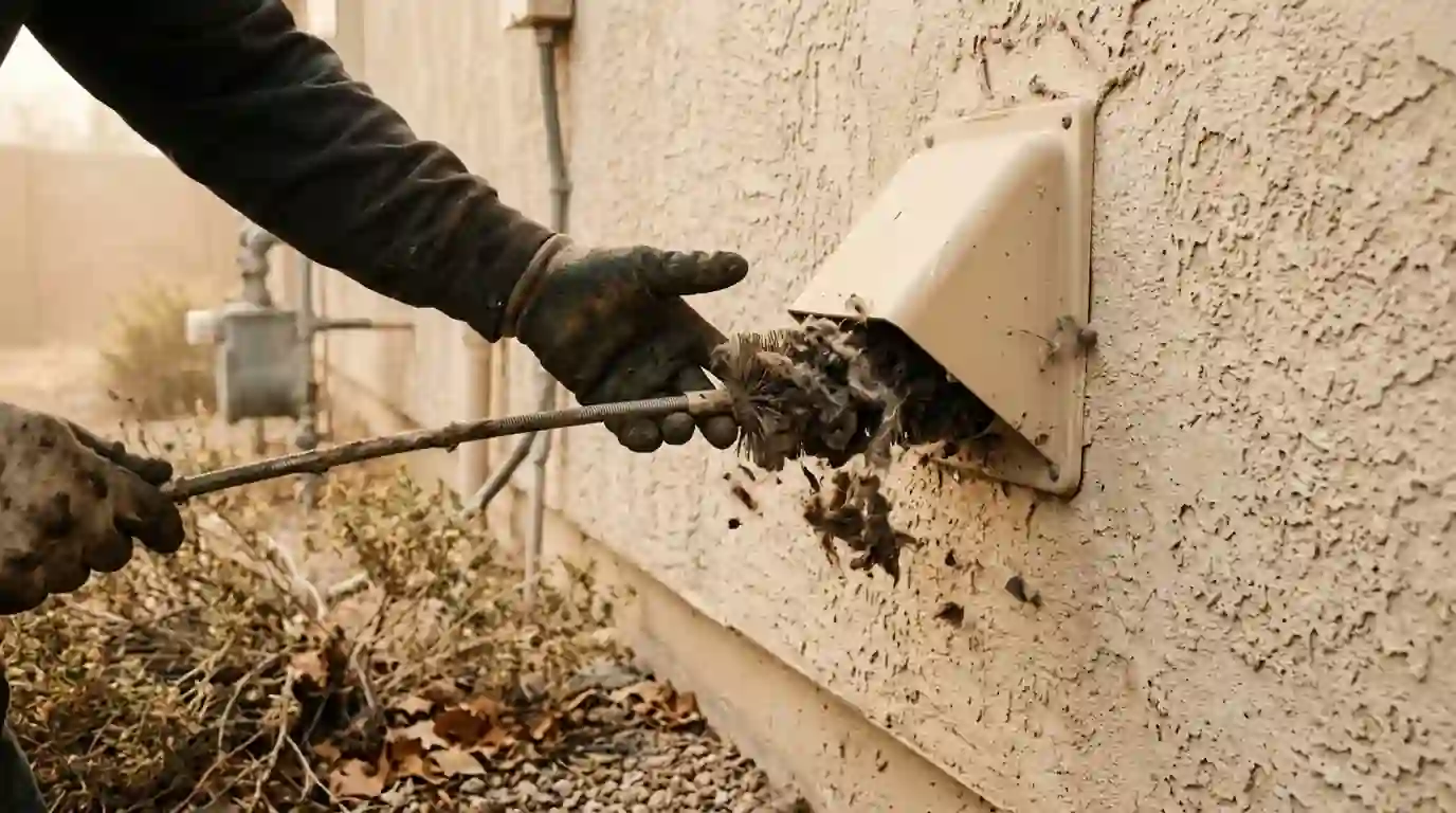 Rotary brush pulling lint from an exterior dryer vent