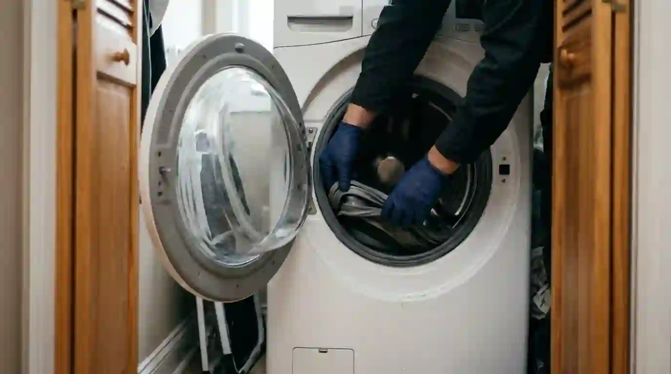 Technician inspecting the door boot seal on a front-load washer