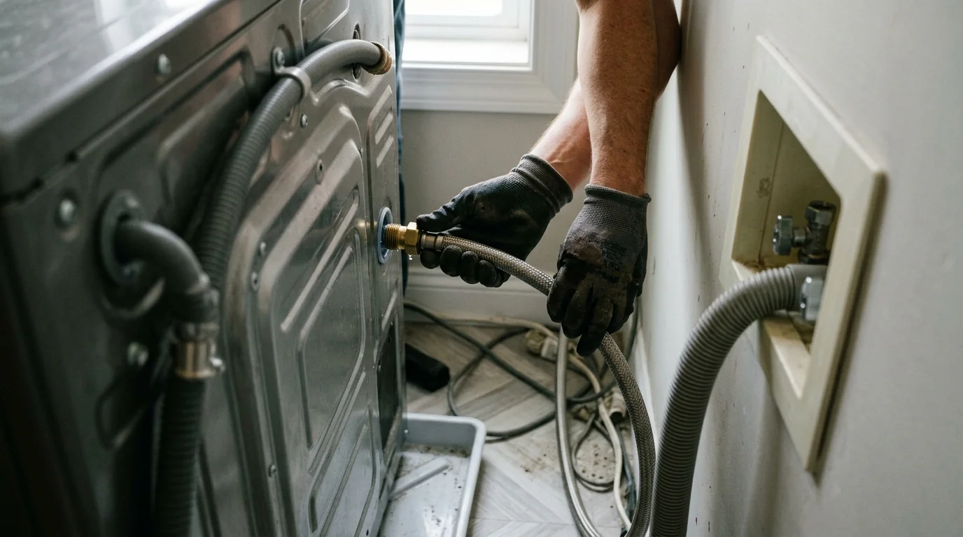 Upstairs washer hose inspection in a Porter Ranch home