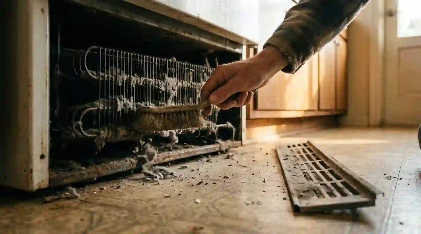 Hand cleaning dusty condenser coils under a kitchen refrigerator