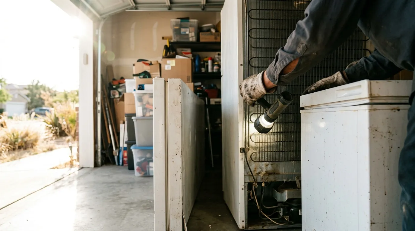 Technician checking a garage freezer in a Santa Clarita home