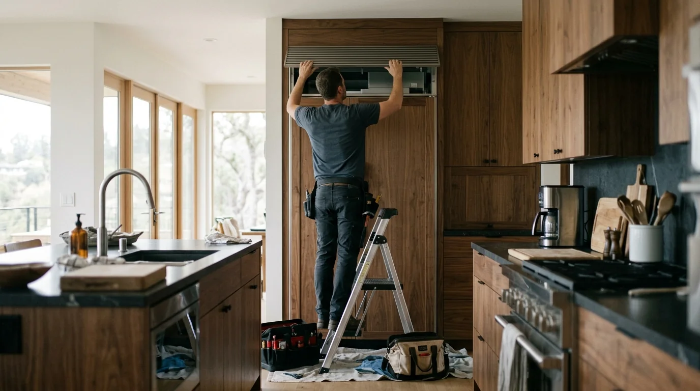 Built-in refrigerator grille removed in a remodeled hillside kitchen