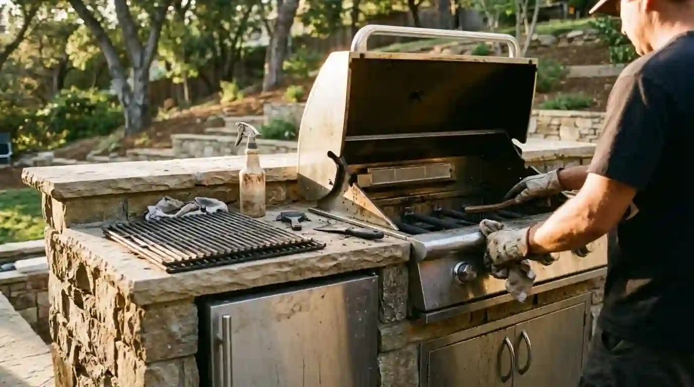 Cleaning grill burners in a stone outdoor kitchen island