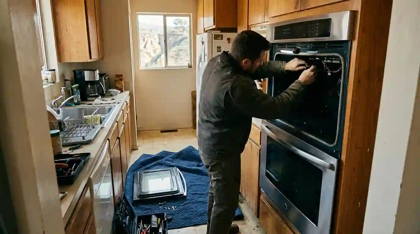 Technician servicing the cooling fan on a double wall oven