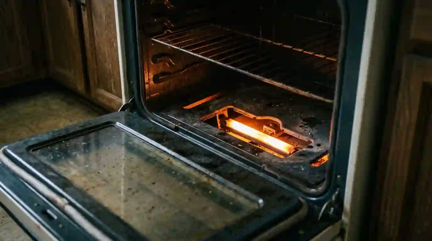 Orange glow of a gas oven igniter through the floor slot
