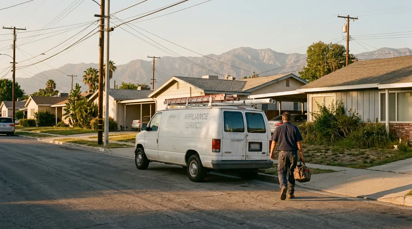 Repair technician walking to a ranch home in the Valley
