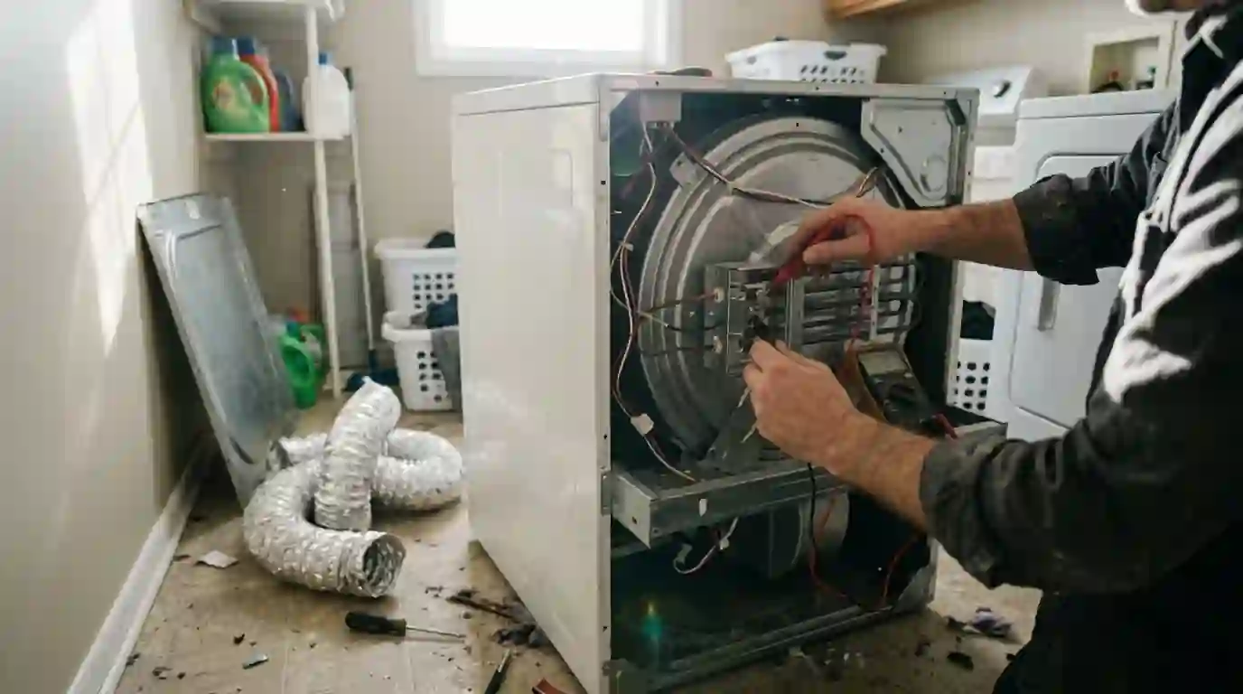 Technician testing the heating element on an electric dryer