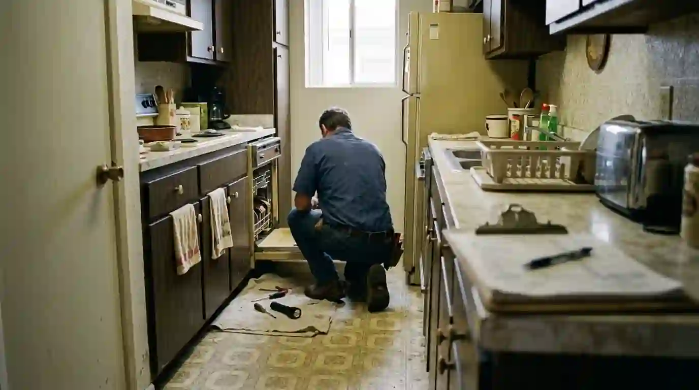 Technician repairing a dishwasher in an apartment kitchen