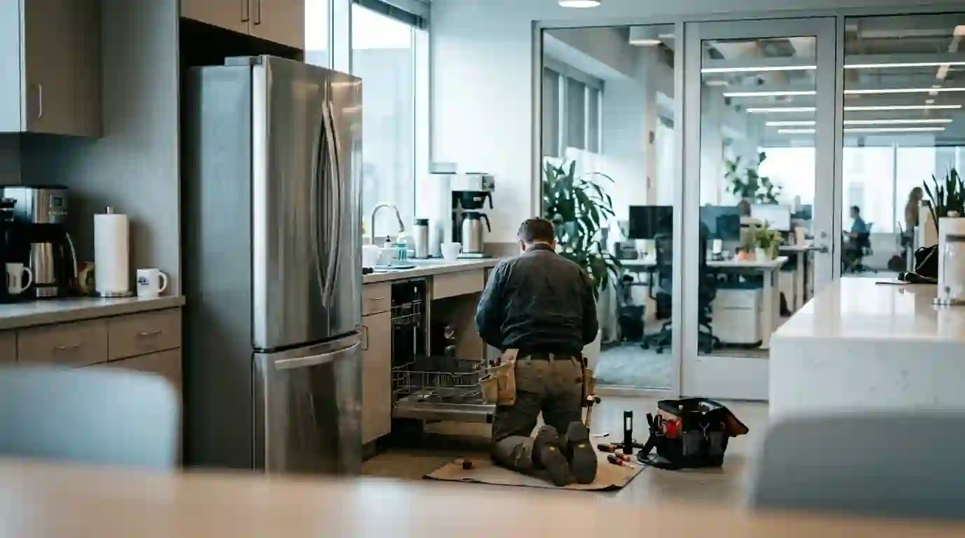 Technician servicing an office breakroom refrigerator and dishwasher