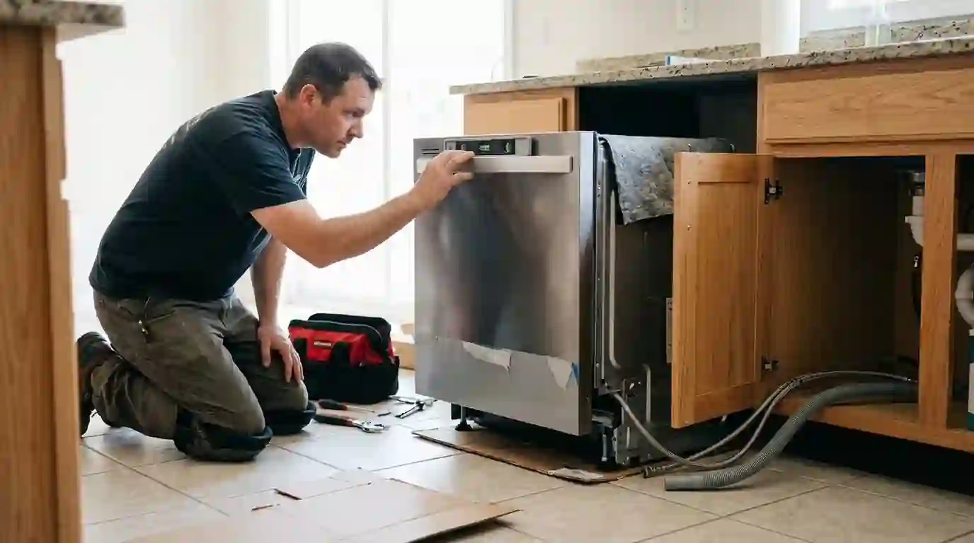 Technician leveling a new dishwasher during installation
