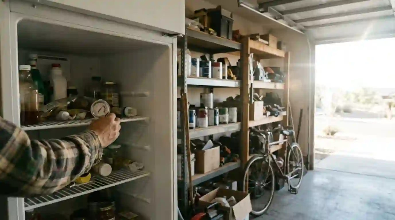 Hand checking a thermometer inside a garage refrigerator