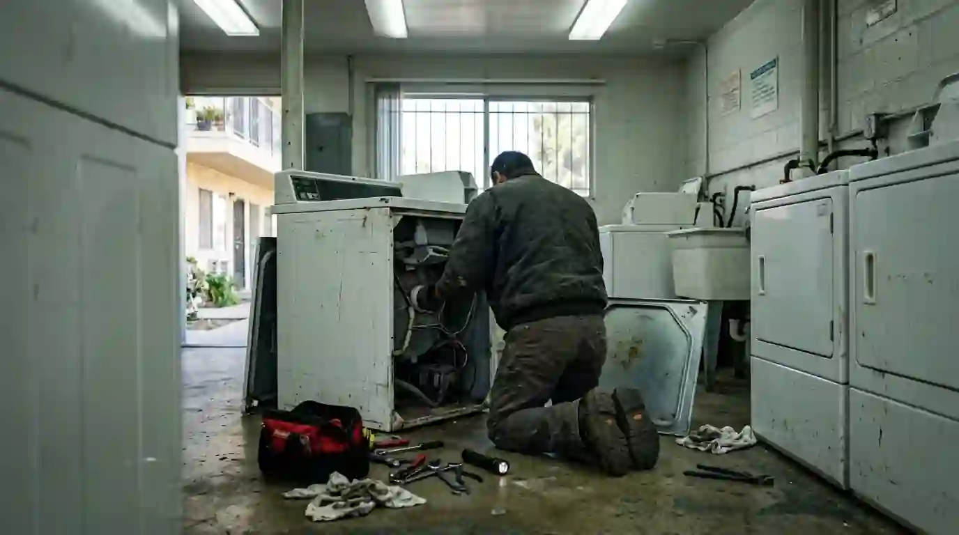 Coin washer repair in a Van Nuys apartment laundry room