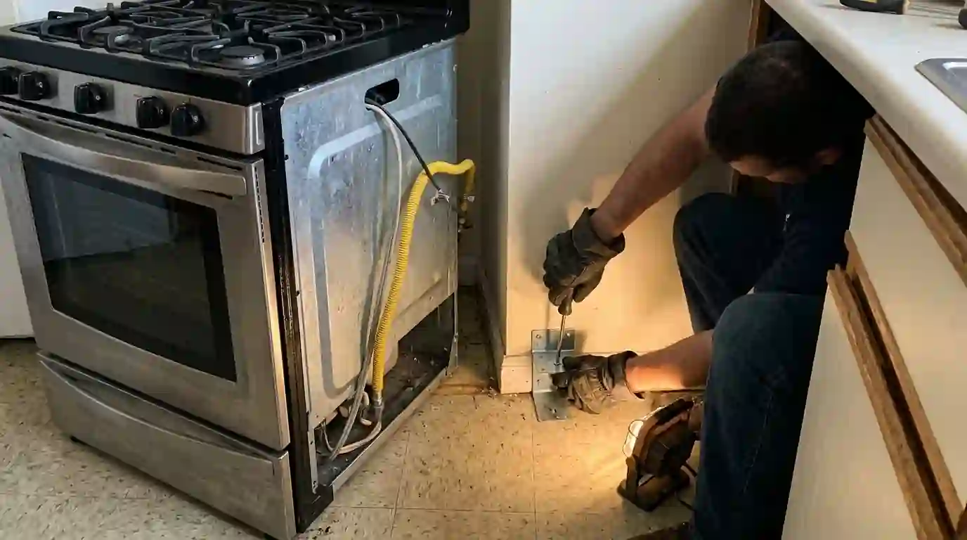 Technician installing an anti-tip bracket behind a gas range