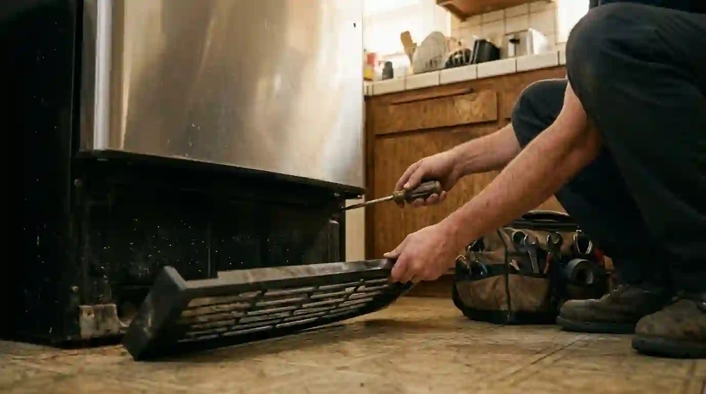 Technician removing a refrigerator kickplate in a Burbank kitchen