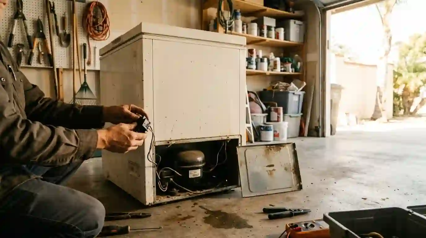 Technician replacing start relay on a garage chest freezer