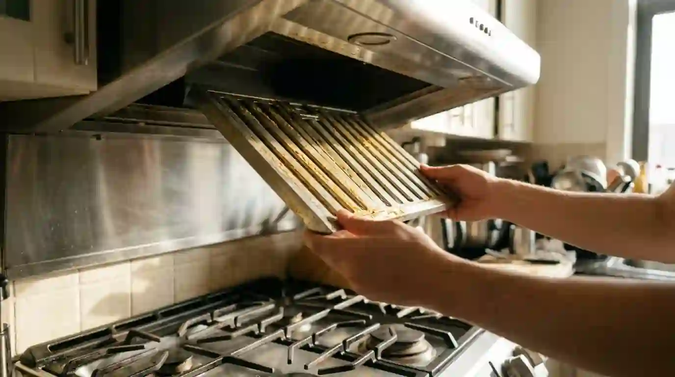 Removing a greasy baffle filter from a chimney range hood