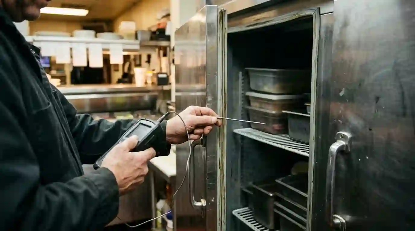 Checking a restaurant reach-in cooler temperature with a probe