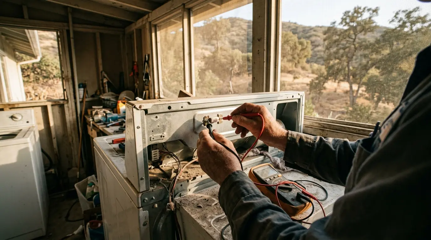 Dryer thermal fuse test in a Sunland-Tujunga porch laundry