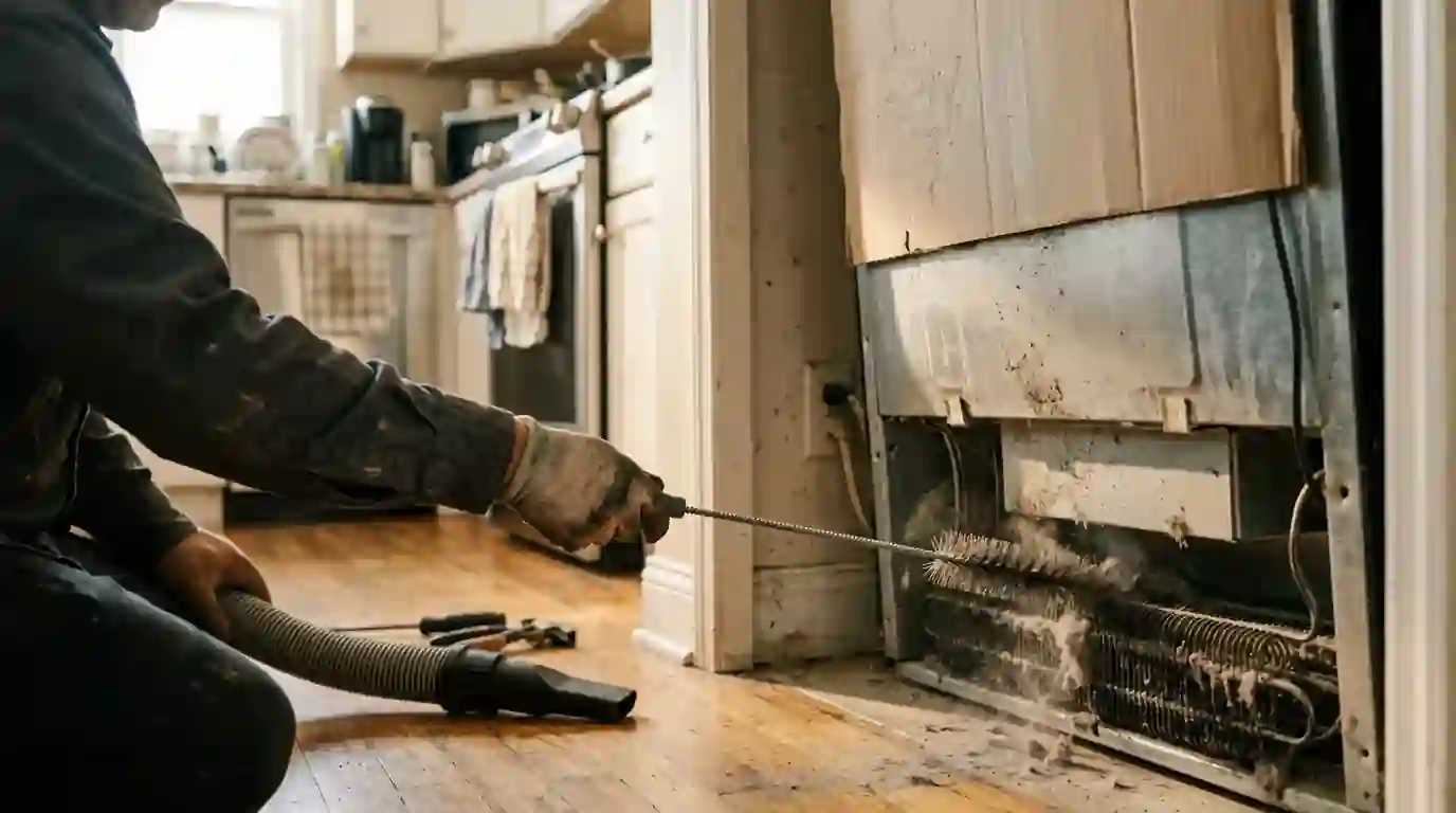 Brushing dusty refrigerator condenser coils during a maintenance visit