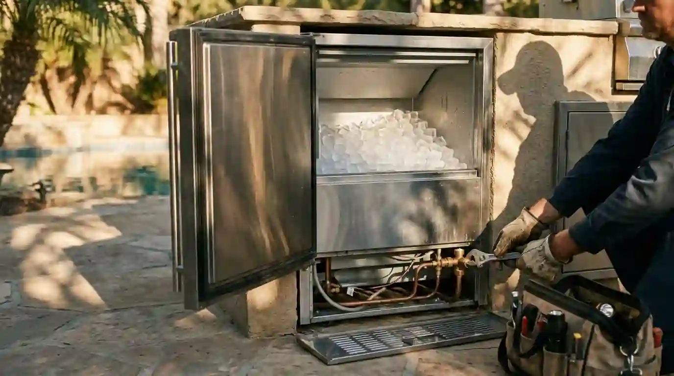 Undercounter ice maker being serviced in a backyard kitchen