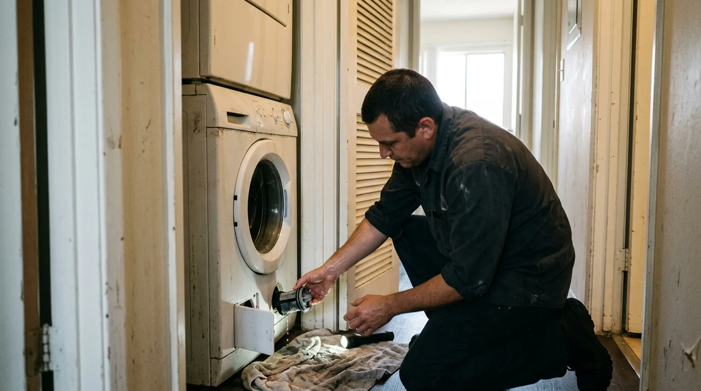 Stackable washer drain filter being cleared in a North Hollywood apartment