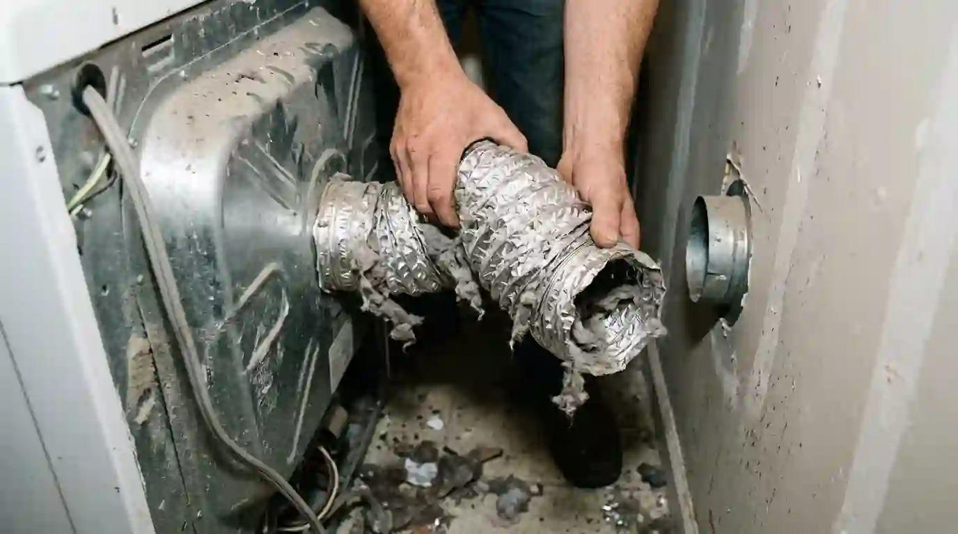 Hands removing a lint-clogged foil vent hose behind a dryer