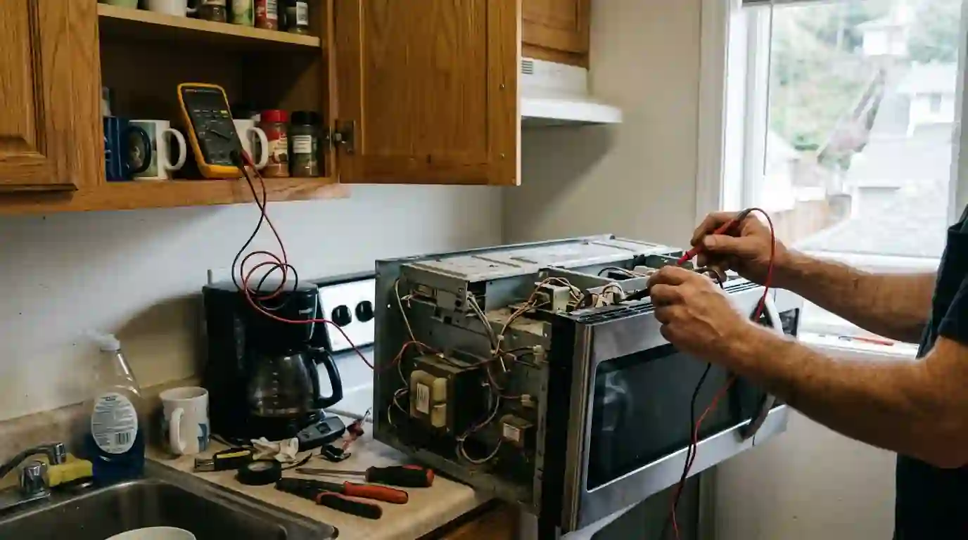 Technician testing an over-the-range microwave on a kitchen counter