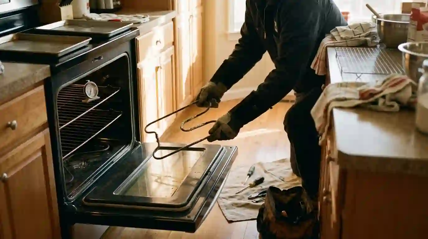 Technician removing a damaged bake element from an oven