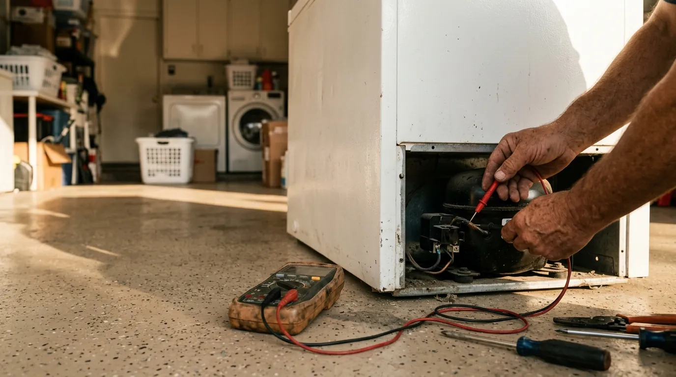 Chest freezer start relay being tested in a Simi Valley garage
