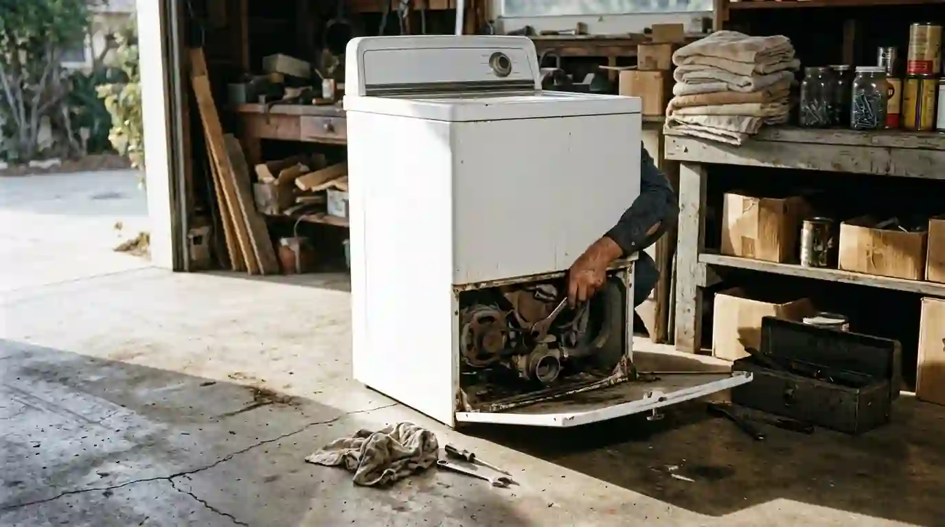 Technician replacing drain pump on a top-load washer in a garage