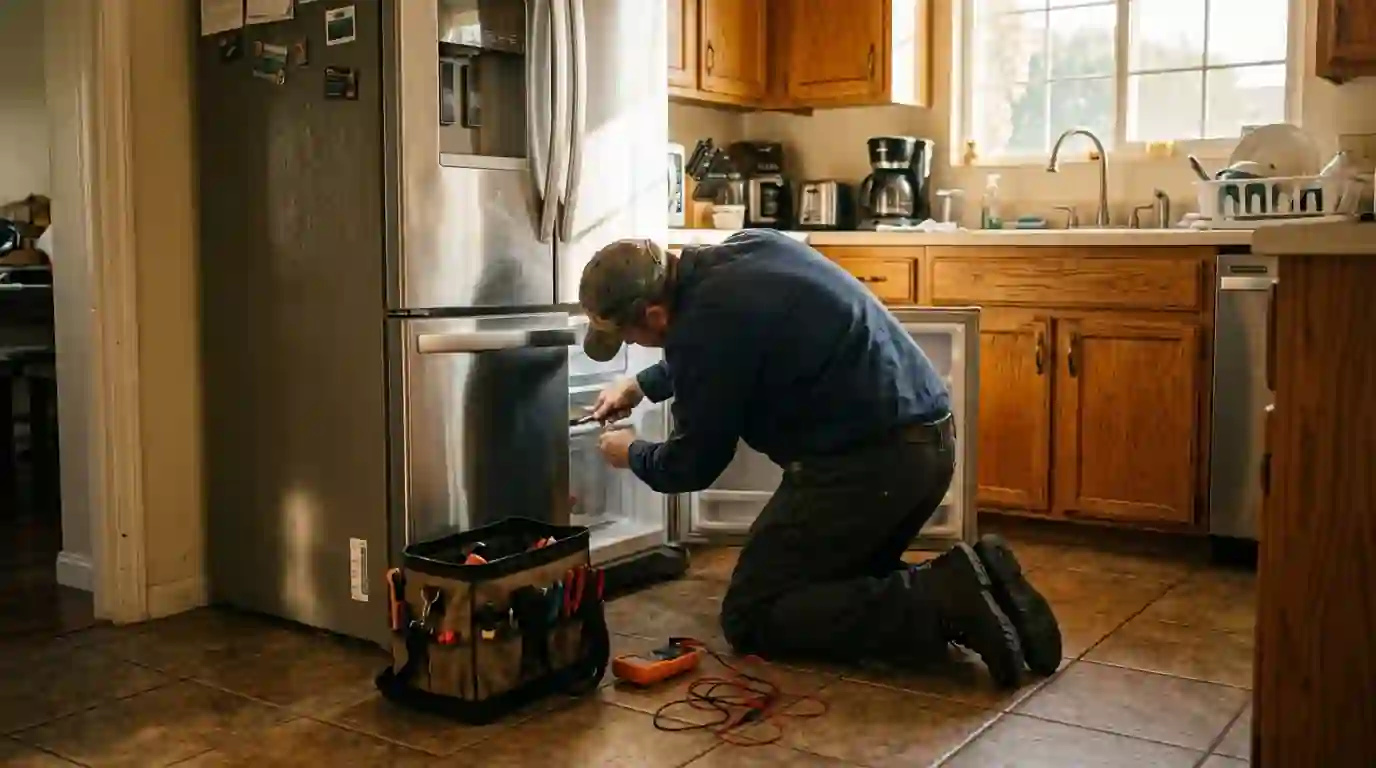 Technician repairing a refrigerator in a Los Angeles kitchen