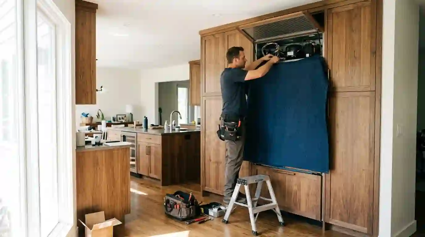 Technician servicing top machine compartment of a built-in refrigerator