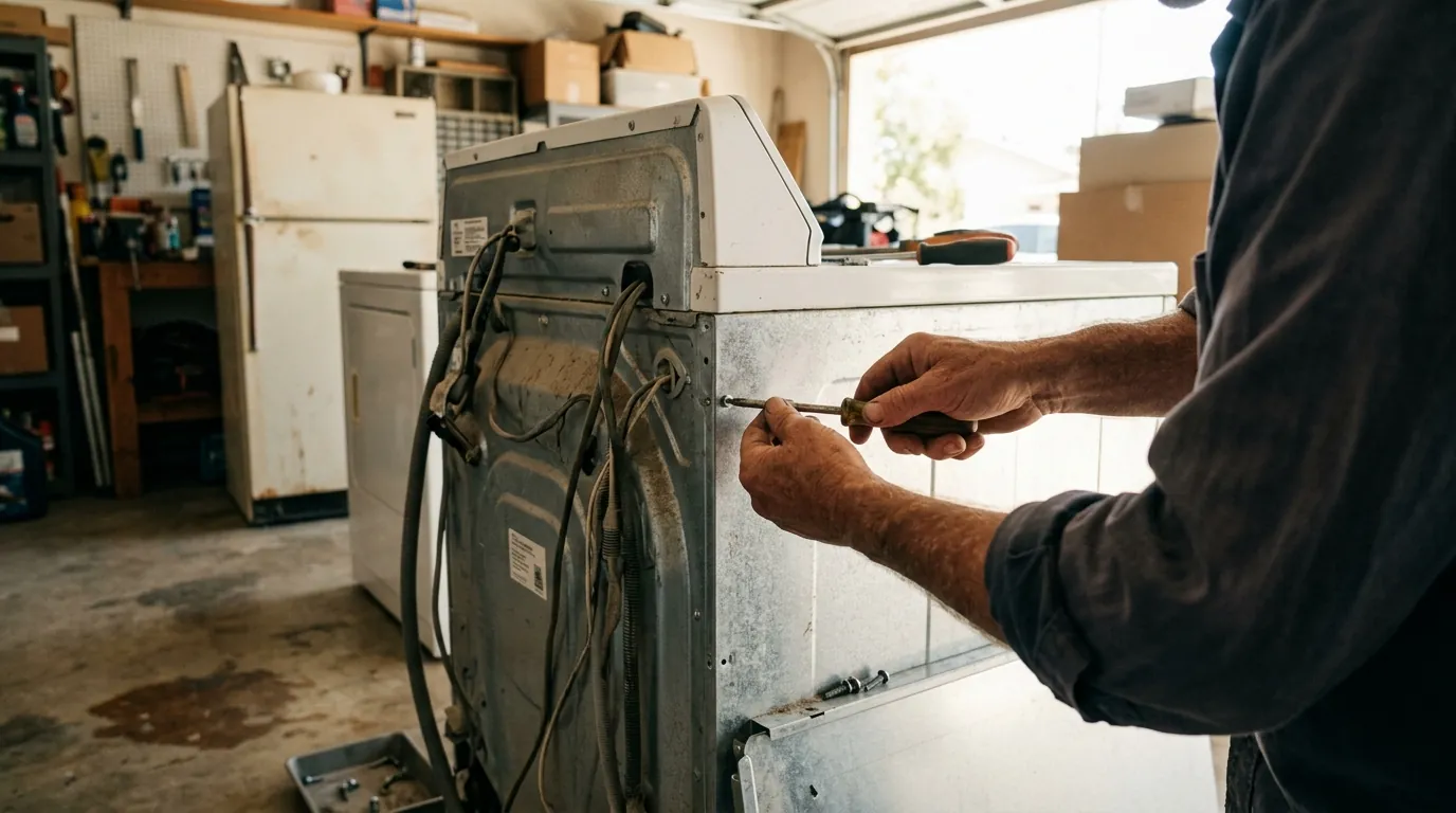 Top-load washer pulled out for repair in a San Fernando garage